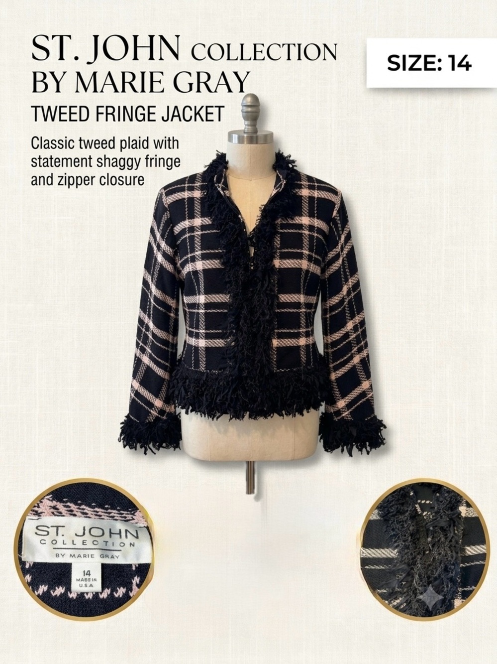 Tweed Fringe Jacket - Black & Pink Plaid